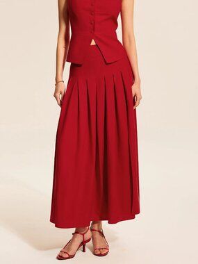 Commense Cotton & Linen Pleated Slit Skirt